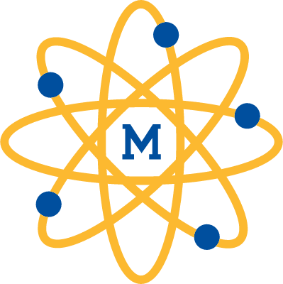 Atomic model with yellow orbits, blue electrons, and a blue letter 'M' in the center.