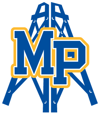 A logo with the letters 'MP' in blue with yellow outlines, placed in front of a stylized bridge or tower structure in blue and white.