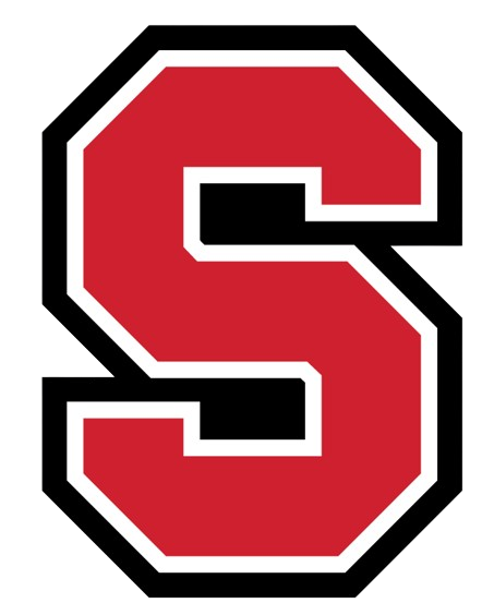 A red varsity letter S with a black and white outline.