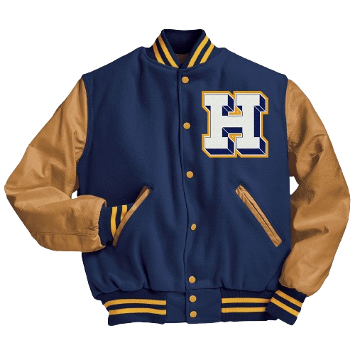 Blue and gold letterman jacket with a large 'H' on the chest.