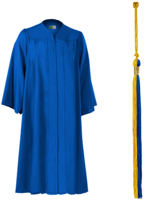 A blue graduation gown with a matching blue tassel and gold and blue honor cords.