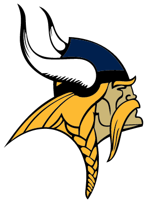 Illustration of a Viking helmet and profile of a Viking with long blonde hair and beard.