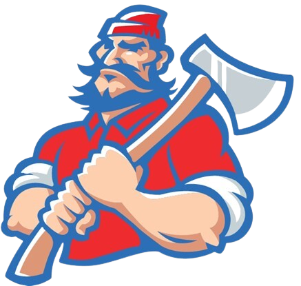 A cartoon lumberjack with a beard and red cap, holding an axe over his shoulder.