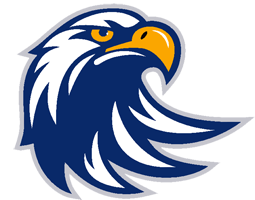 Logo of an eagle's head in navy blue, white, and gold colors facing right
