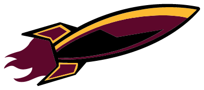 A logo of a rocket designed to look like a maroon and gold flame with a white outline.