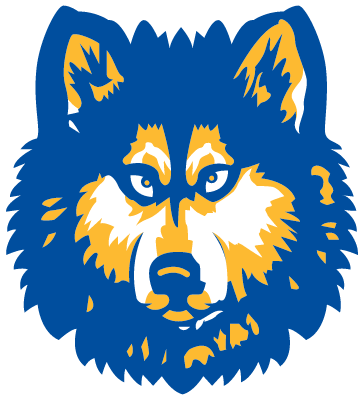Illustration of a wolf's face with blue, white, and gold coloring, detailed fur and piercing eyes.