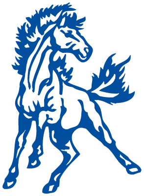Blue and white logo of a stylized lion with a fierce expression and flowing mane.