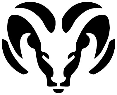 Line drawing of a ram's head with large curved horns.