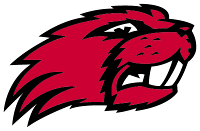 Head of a red and black lion mascot logo with a fierce expression.