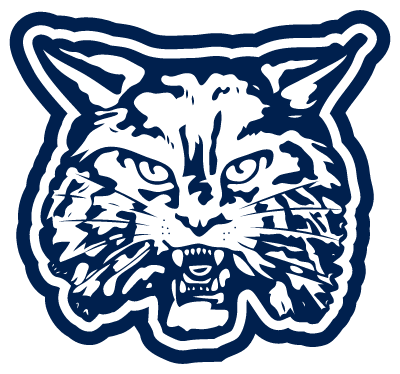 Stylized drawing of a tiger's face with open mouth, showing teeth, in navy blue and white.