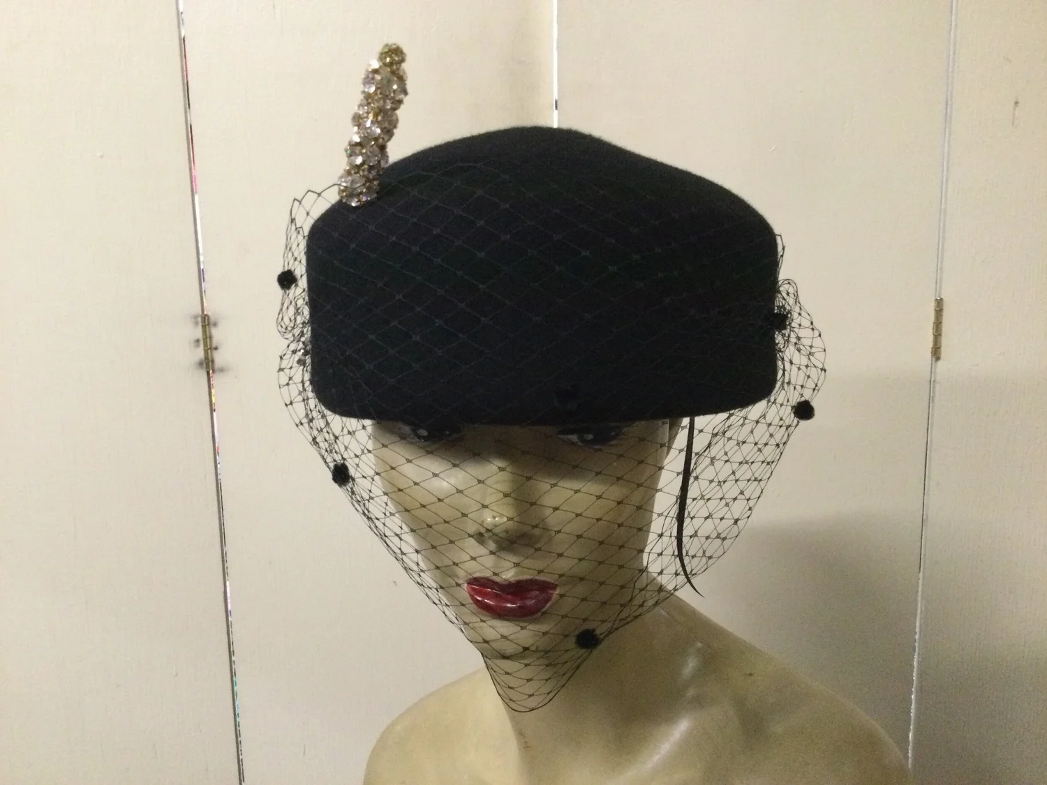 BH305 Black wool pillbox with dotted veil — Harlem's Heaven Hats