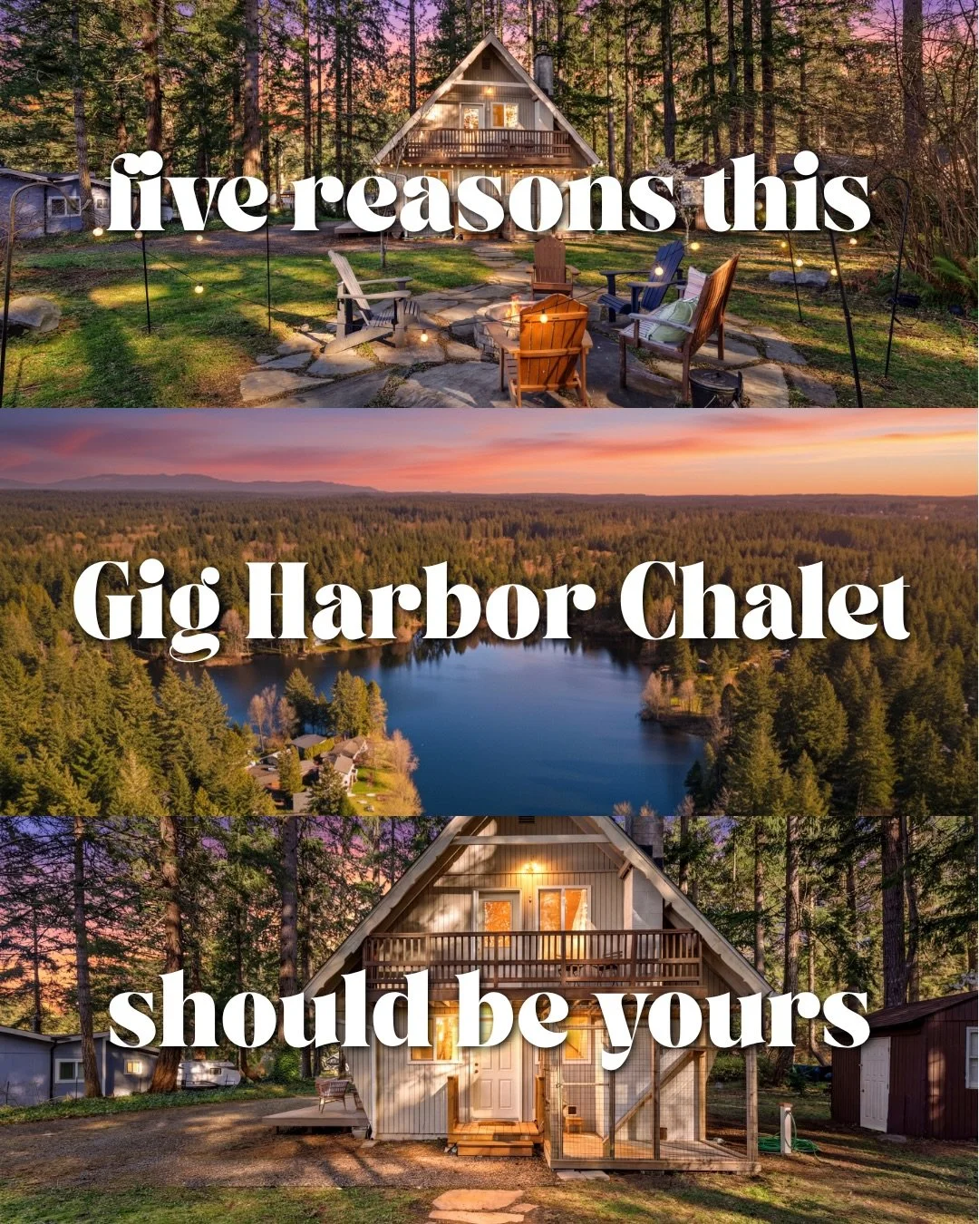Comment CHALET for listing details ✨

This little Gig Harbor chalet is the kind of place that surprises you&mdash;in the best way. Tucked into the trees in a gated lake community, it lives bigger than you&rsquo;d expect with 3 bedrooms + an office, a