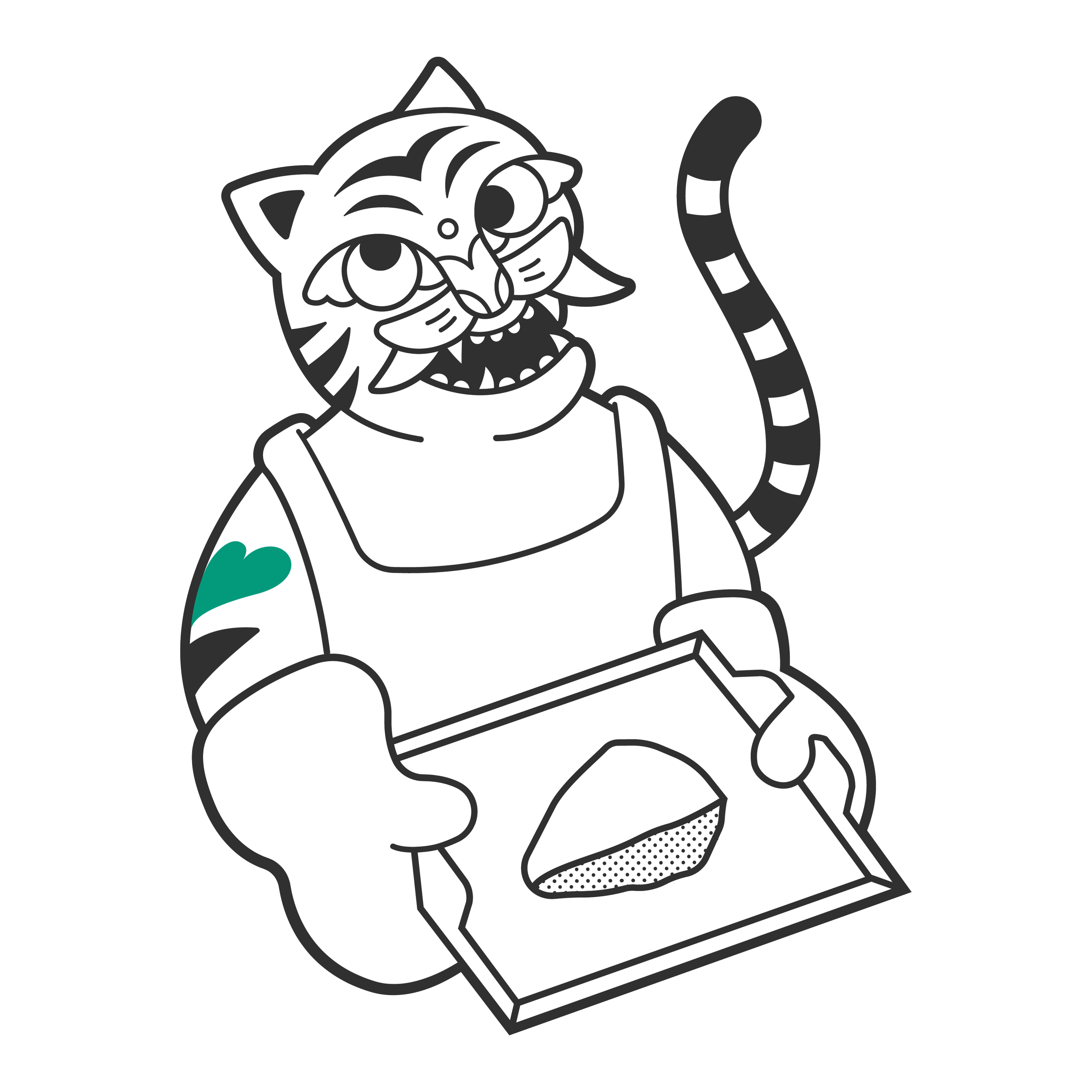 Black and white illustration of a cartoon tiger character wearing an apron, holding a tray with a piece of meat, with a tattoo on its arm and a striped tail.