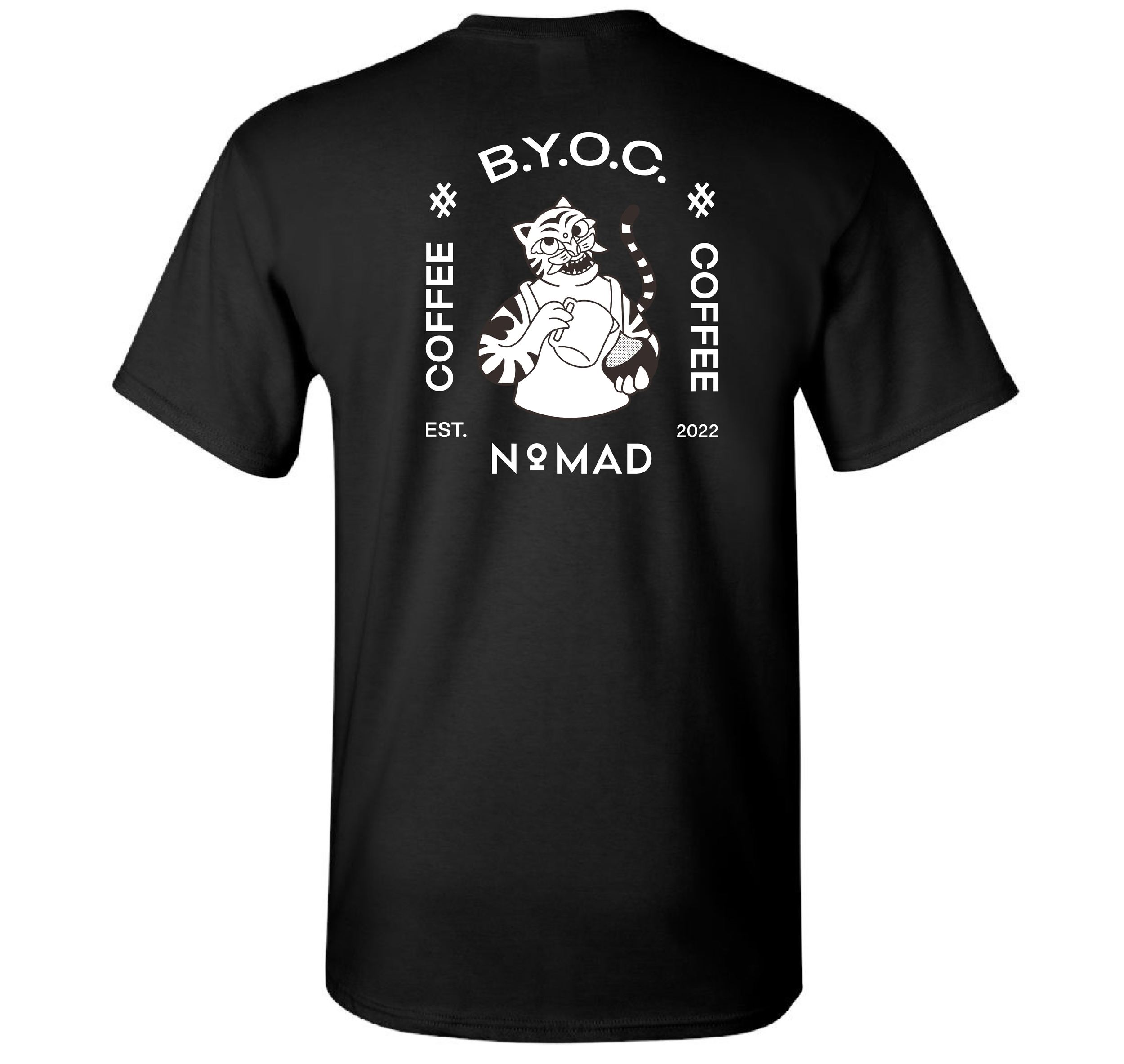 Cream-colored tote bag with a graphic of a tiger riding a skateboard and holding a ball, and the word 'NOMAD' printed on it.