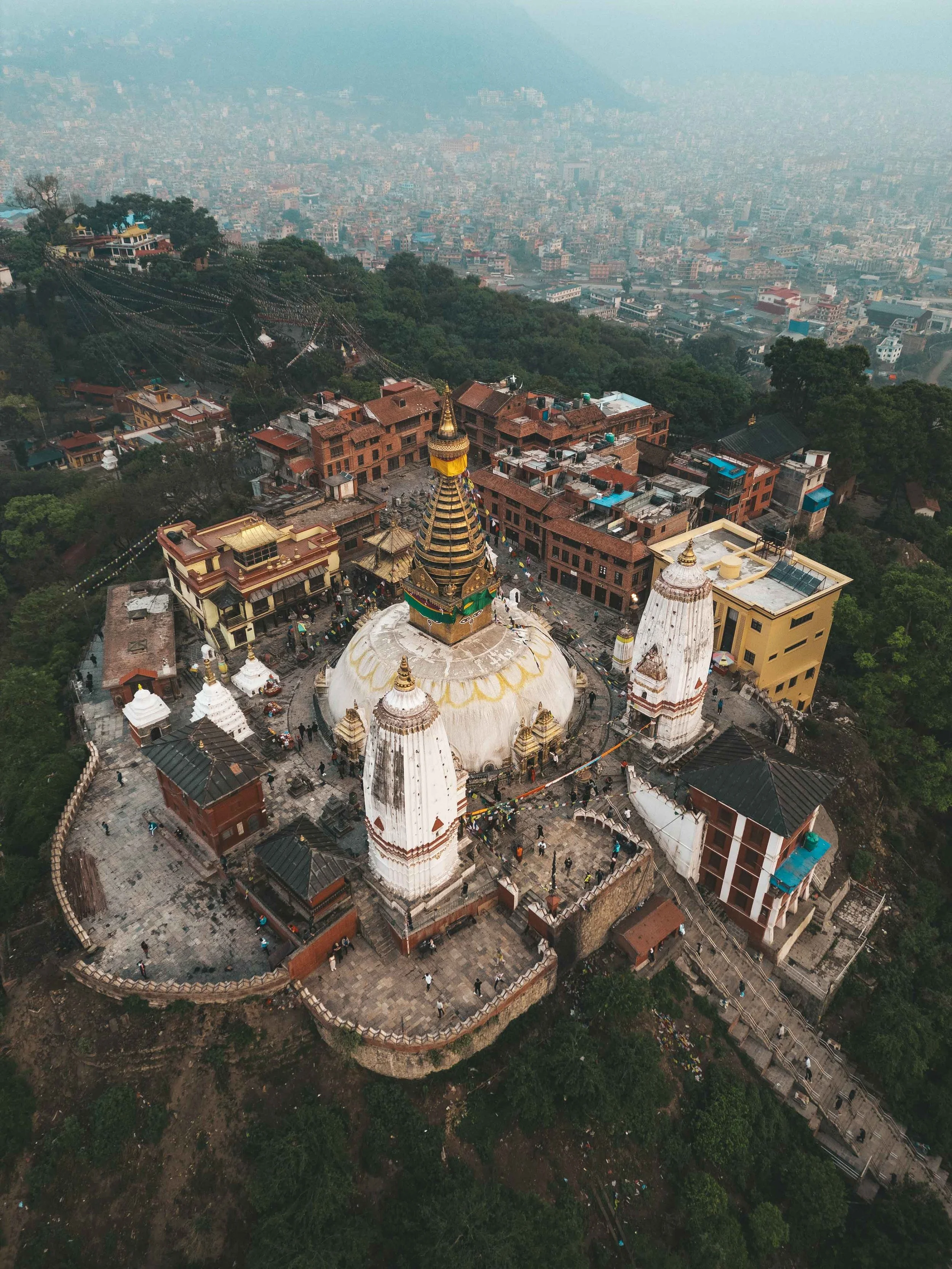 drone shot of Swayambhu Mahachaitya at sunrise