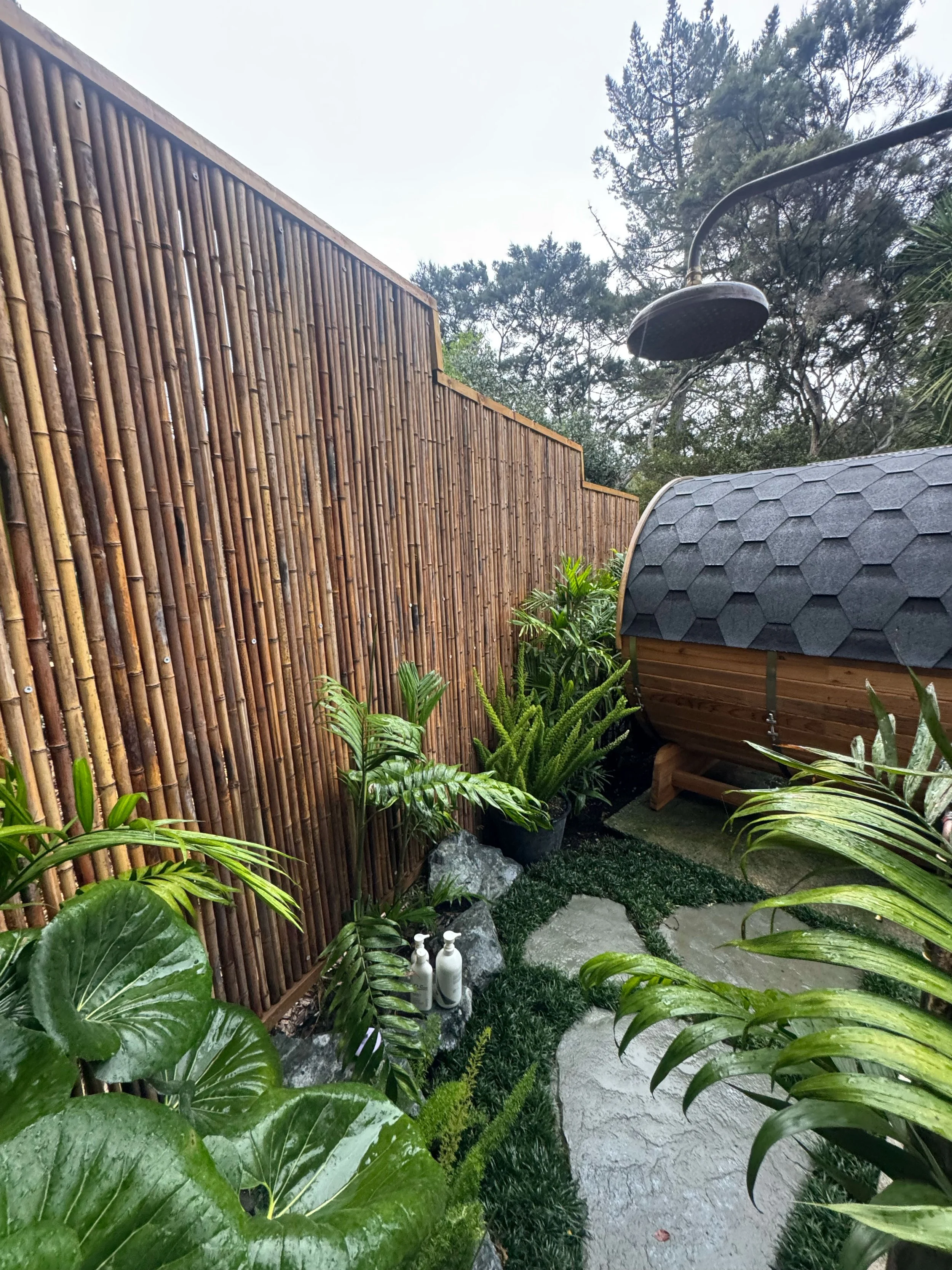 A cozy outdoor garden space with a bamboo privacy fence, lush green plants, and a small wooden structure with a shingled roof. There is a walking path and an outdoor shower head visible in the scene.
