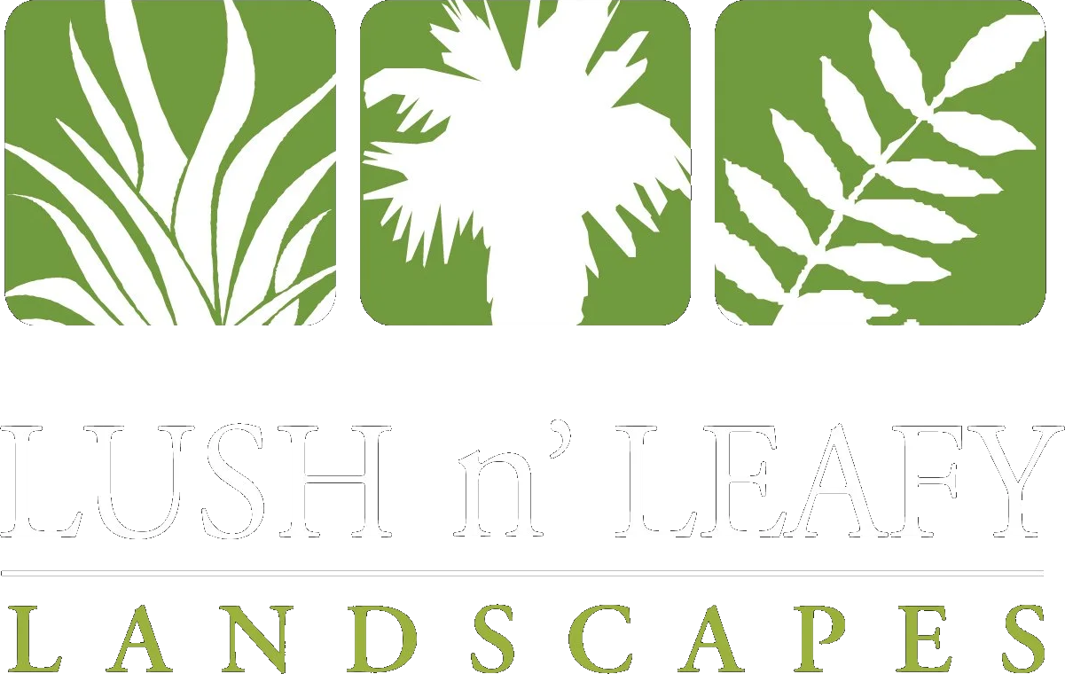 Lush & Leafy Landscapes logo with three green plant silhouettes above the text.