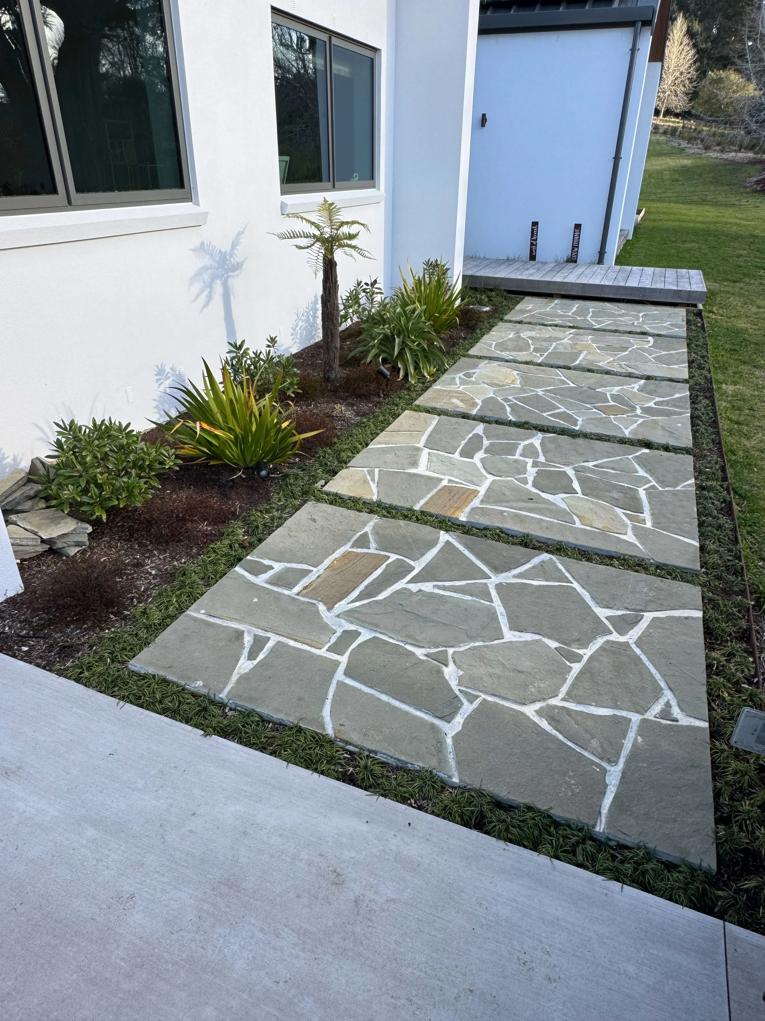 A modern house exterior with a pathway made of irregularly shaped stone tiles outlined in white, leading to a blue door. There are small plants and a young palm tree on the left side, with shadows cast by the tree on the white wall. The grass is gree