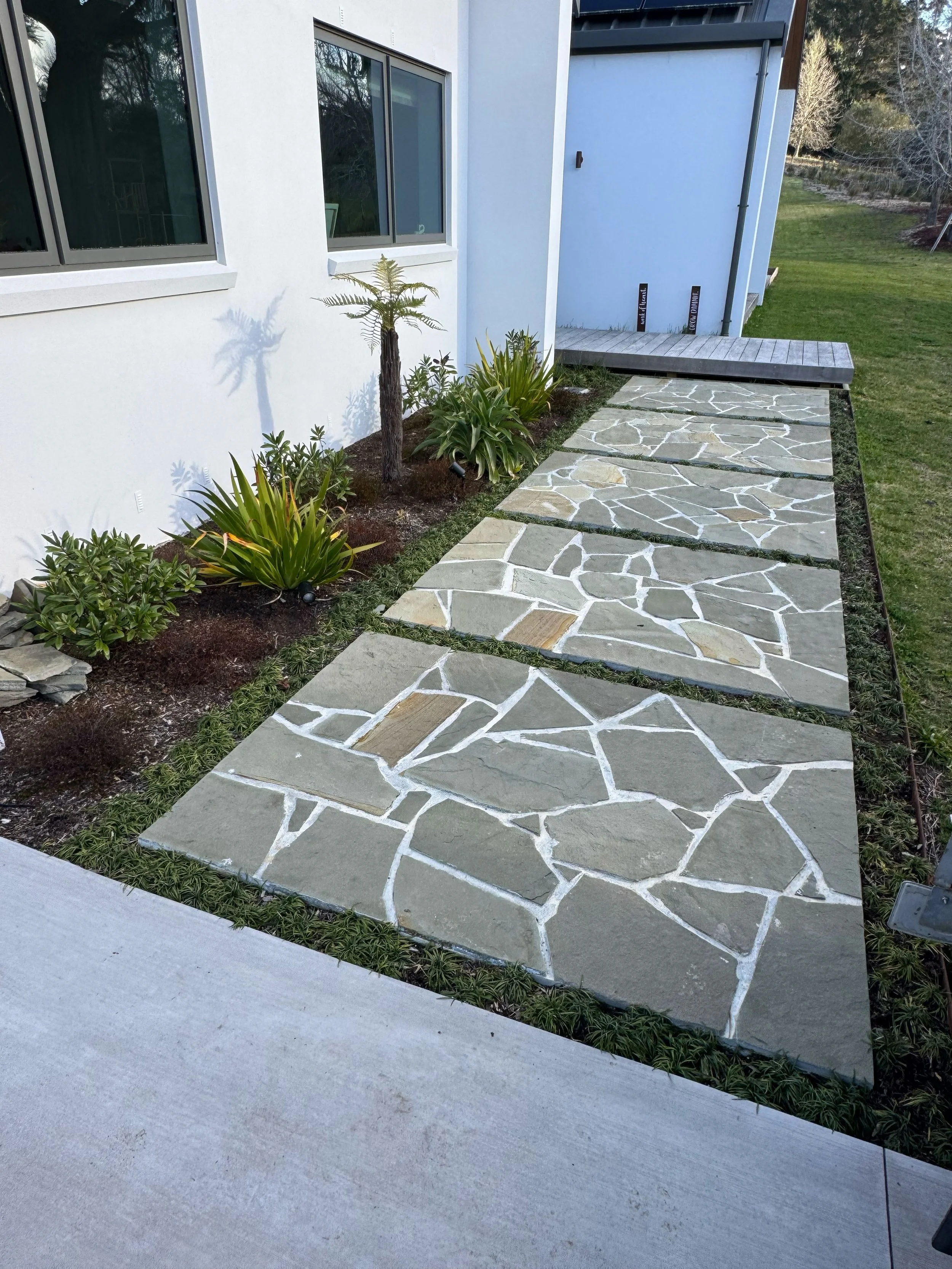 Exterior view of a modern house with white walls, large windows, a small garden with plants including a young palm tree, and a pathway made of irregular stone slabs with white grout, leading to a wooden deck.