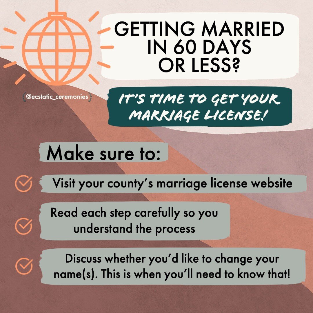 👋🏻 Little known deadline alert! 

✅ Did you know that you actually *can't* get your marriage license until 60 days (or less) before your ceremony? If you're an over-planner like me, you might wish you could get it sooner, so you have one less thing