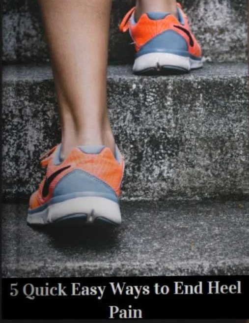 Close-up of a person wearing orange and gray running shoes, walking up concrete stairs. The caption reads '5 Quick Easy Ways to End Heel Pain'