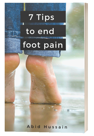 Book cover titled '7 Tips to End Foot Pain' by Abid Hussain, featuring a close-up of feet on a wet surface with rolled-up jeans.