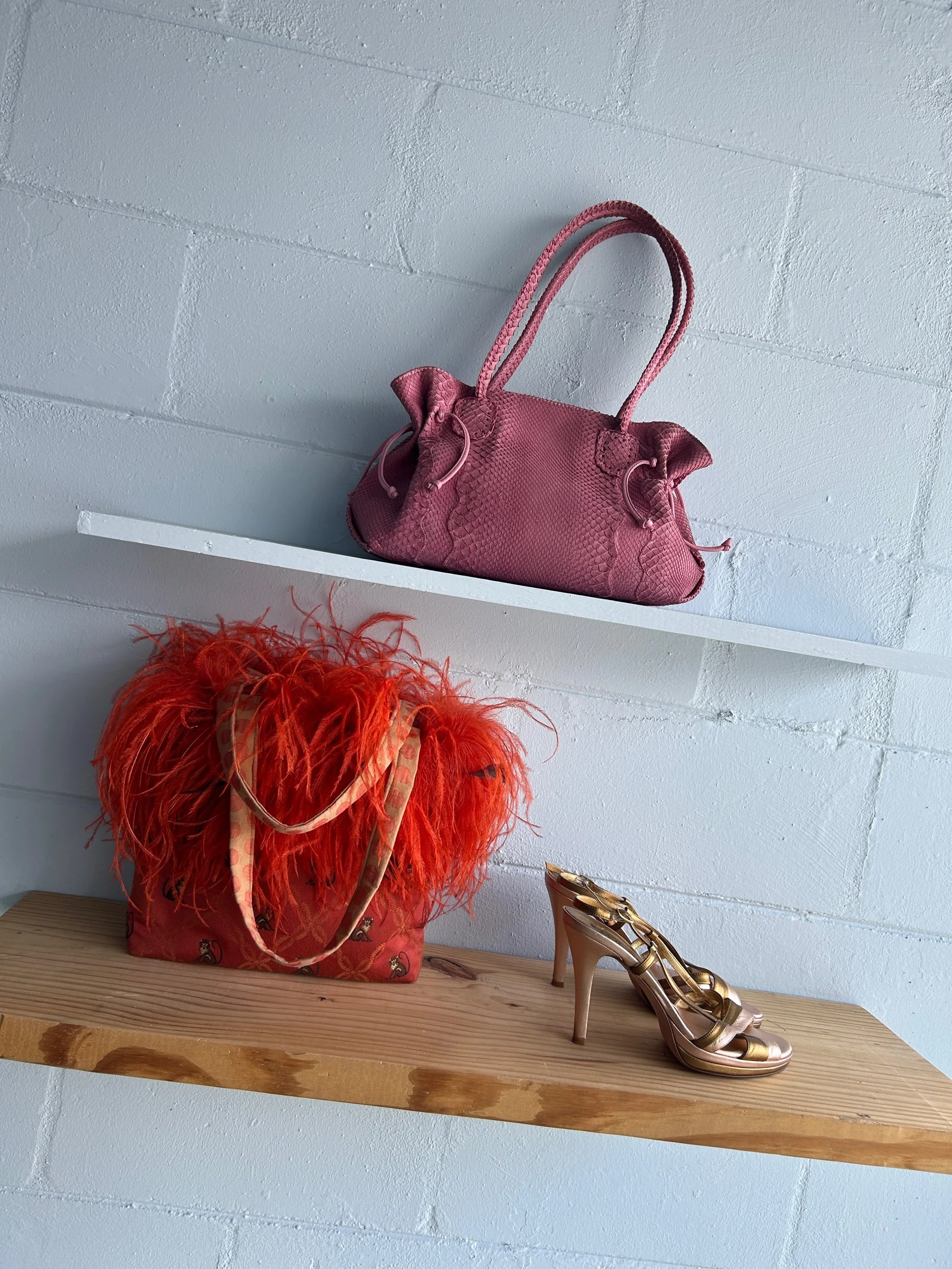 A Carlos Falchi Y2K pink handbag with a snakeskin pattern on a white shelf, a red ostrich feathered bag below, and gold high-heeled shoes on a wooden surface against a white wall.