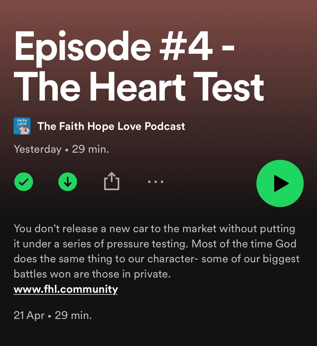 You don't release a new car to the market without putting it under a series of pressure testing. Most of the time God does the same thing to our character- some of our biggest battles won are those in private. www.fhl.community

Episode #4 now availa