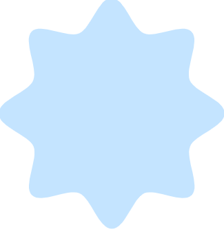 A light blue, irregularly shaped badge or seal with a scalloped border on a white background.