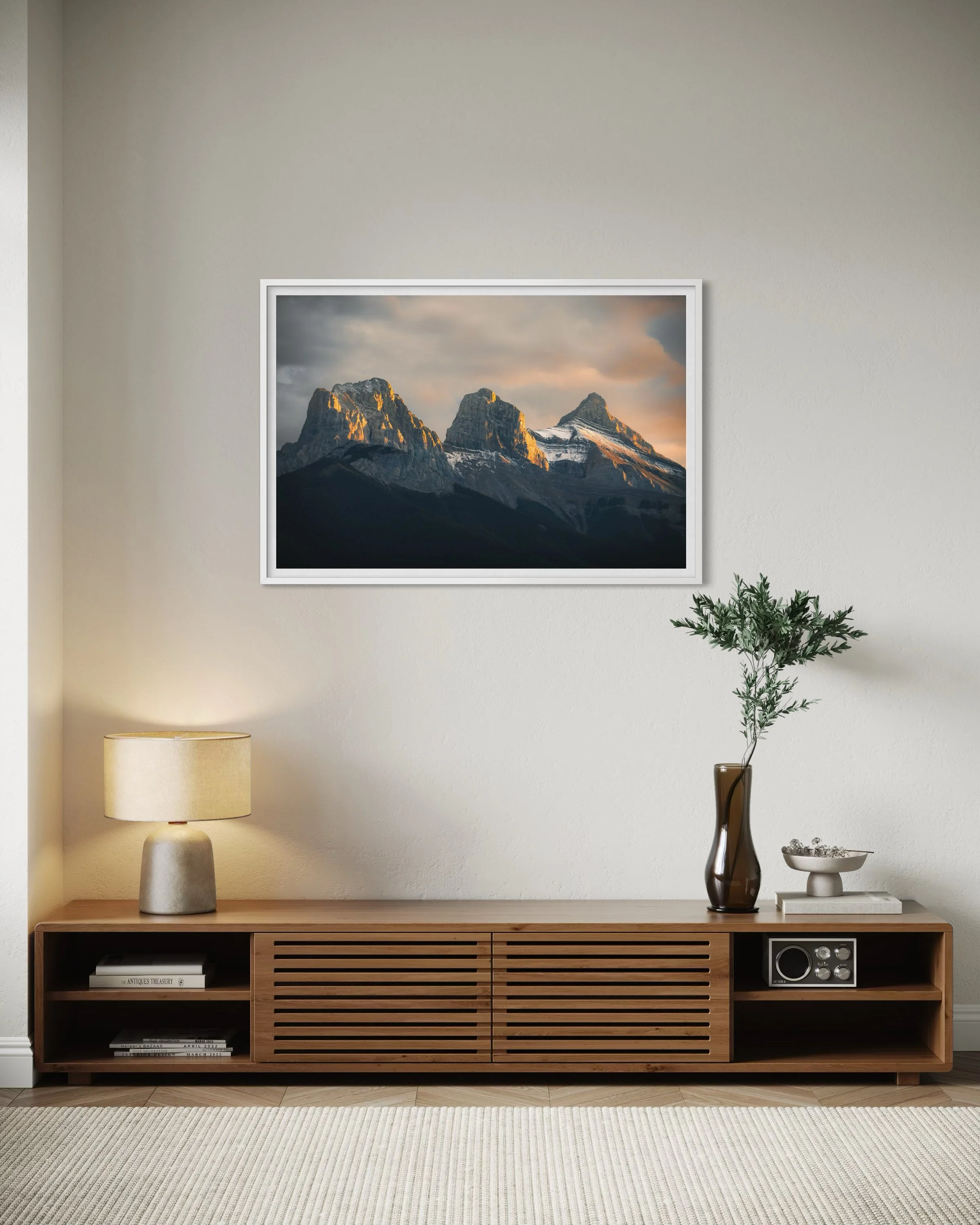 "Light of Day" — sunset alpenglow on the Three Sisters peaks near Canmore, Alberta by Alex Mack, signed fine art print