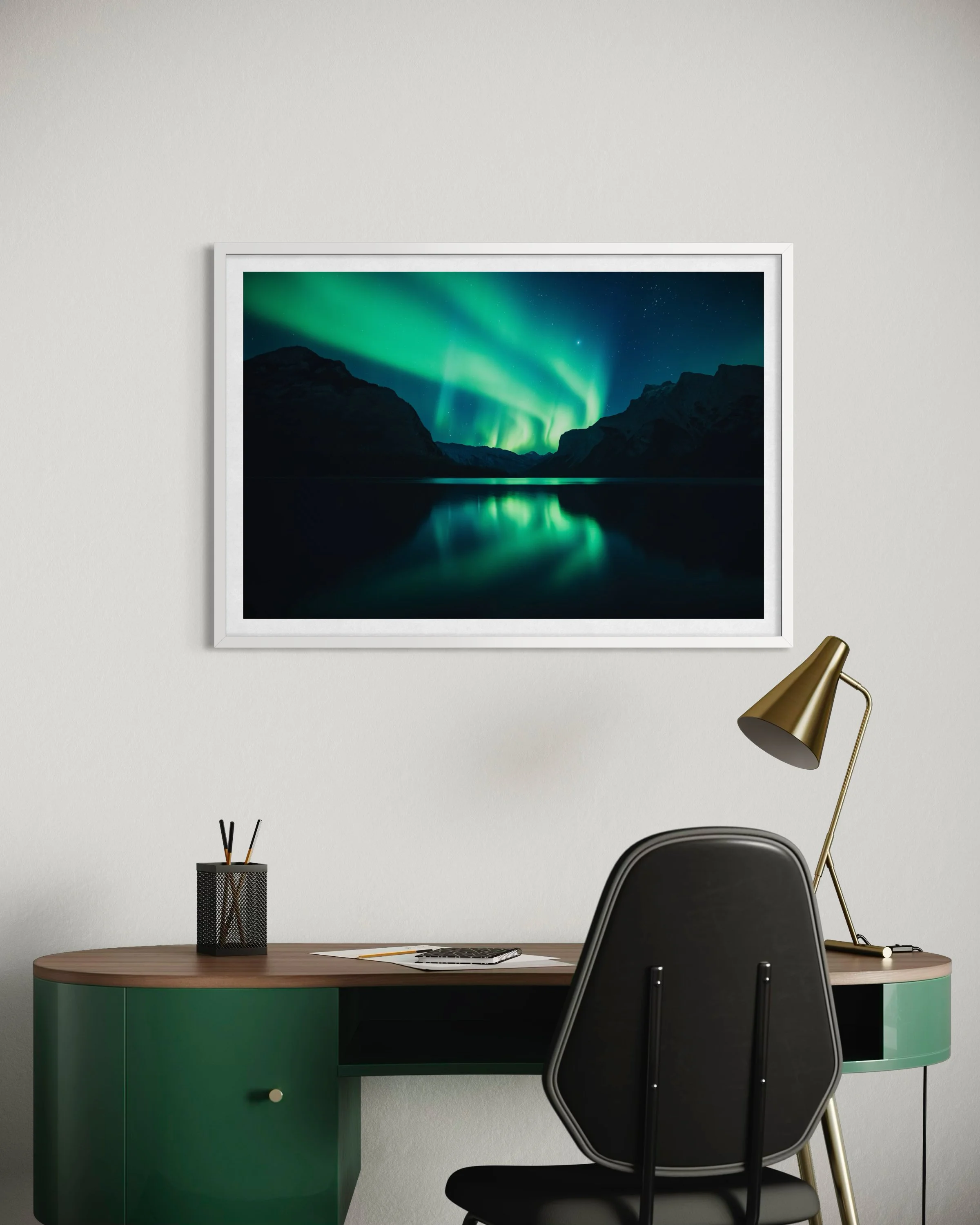 "Sailing the Solar Flares" — northern lights over Lake Minnewanka in Banff National Park, Canadian Rockies by Alex Mack, signed fine art print