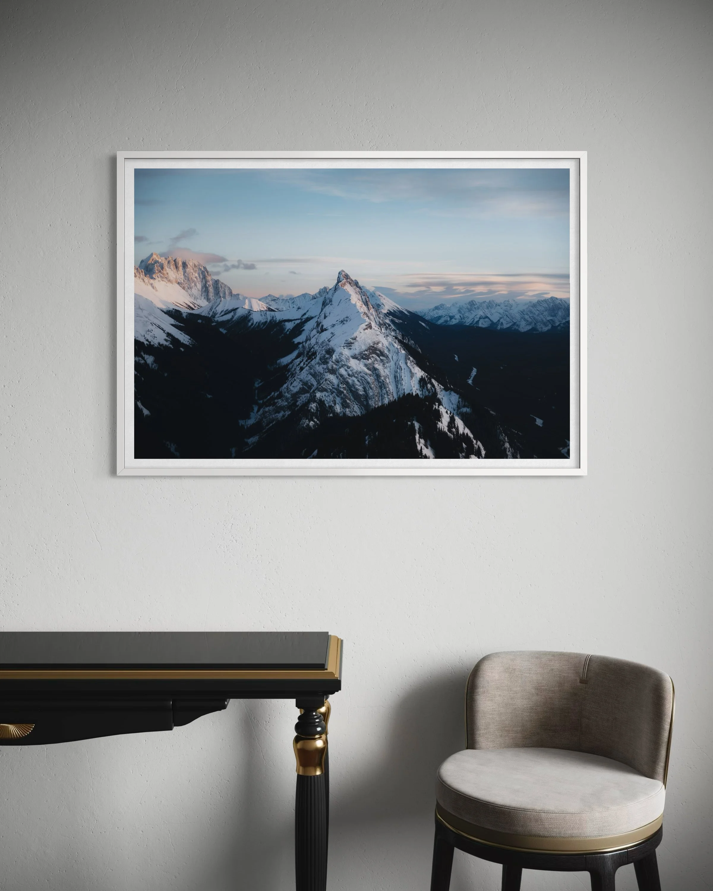 "Kingdom" — snow-covered mountain range at sunset in Kananaskis Country, Alberta by Alex Mack, signed fine art print