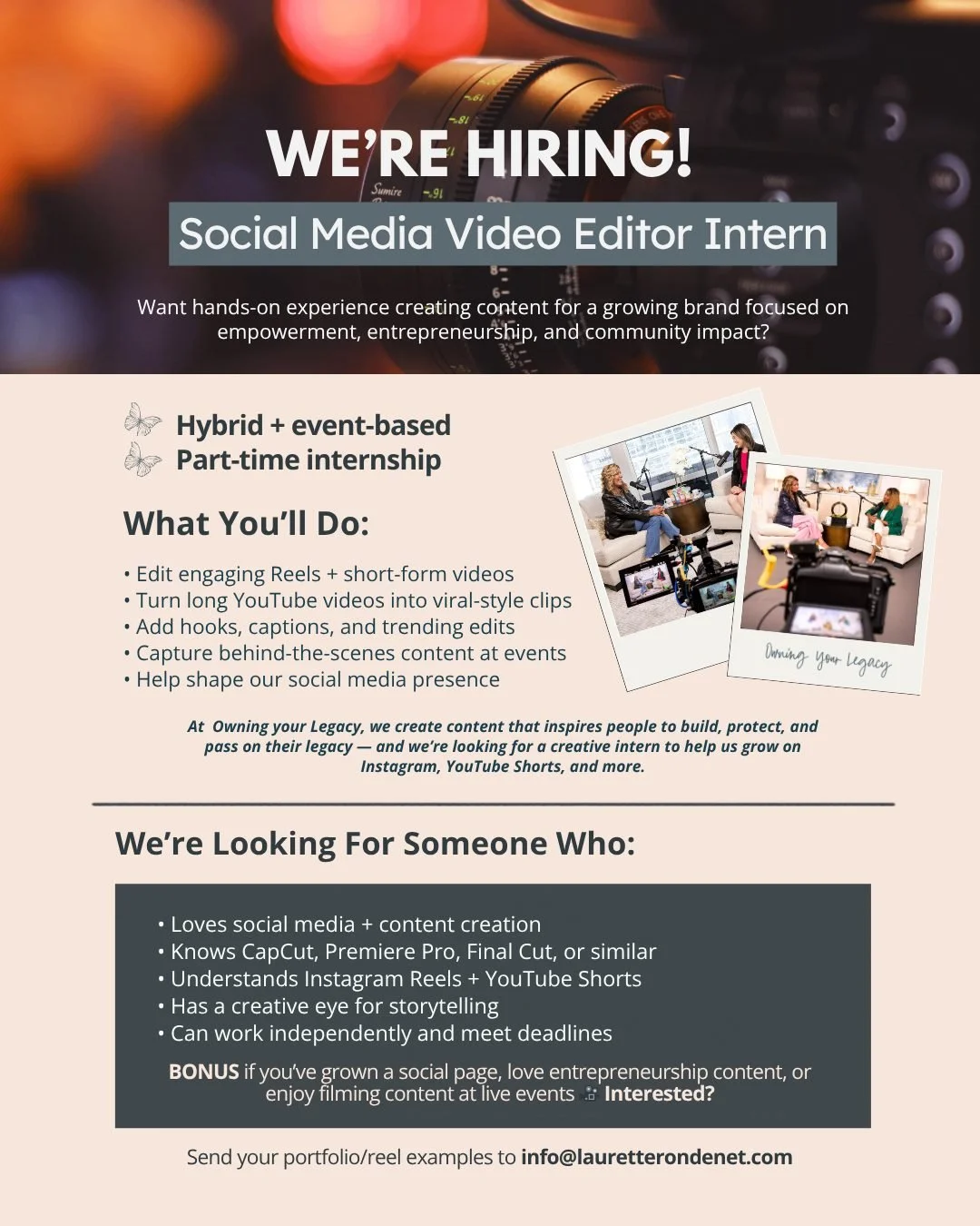 If you are a student or recent graduate seeking an internship opportunity to work with a great team, we would love to speak with you! 

Email us at info@lauretterondenet.com