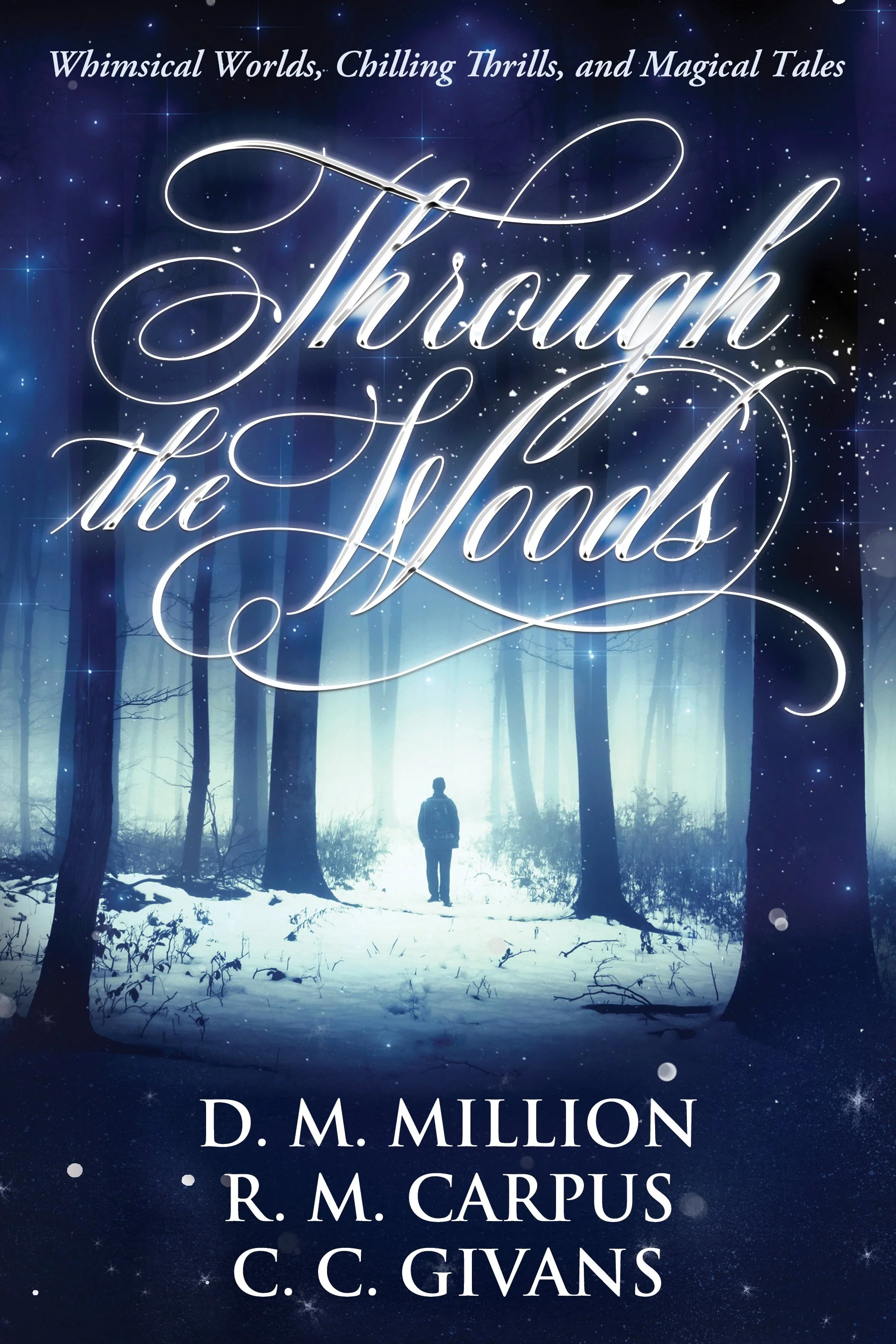 Throught the Woods book cover. Man walks in misty forest with star dusts swirling.