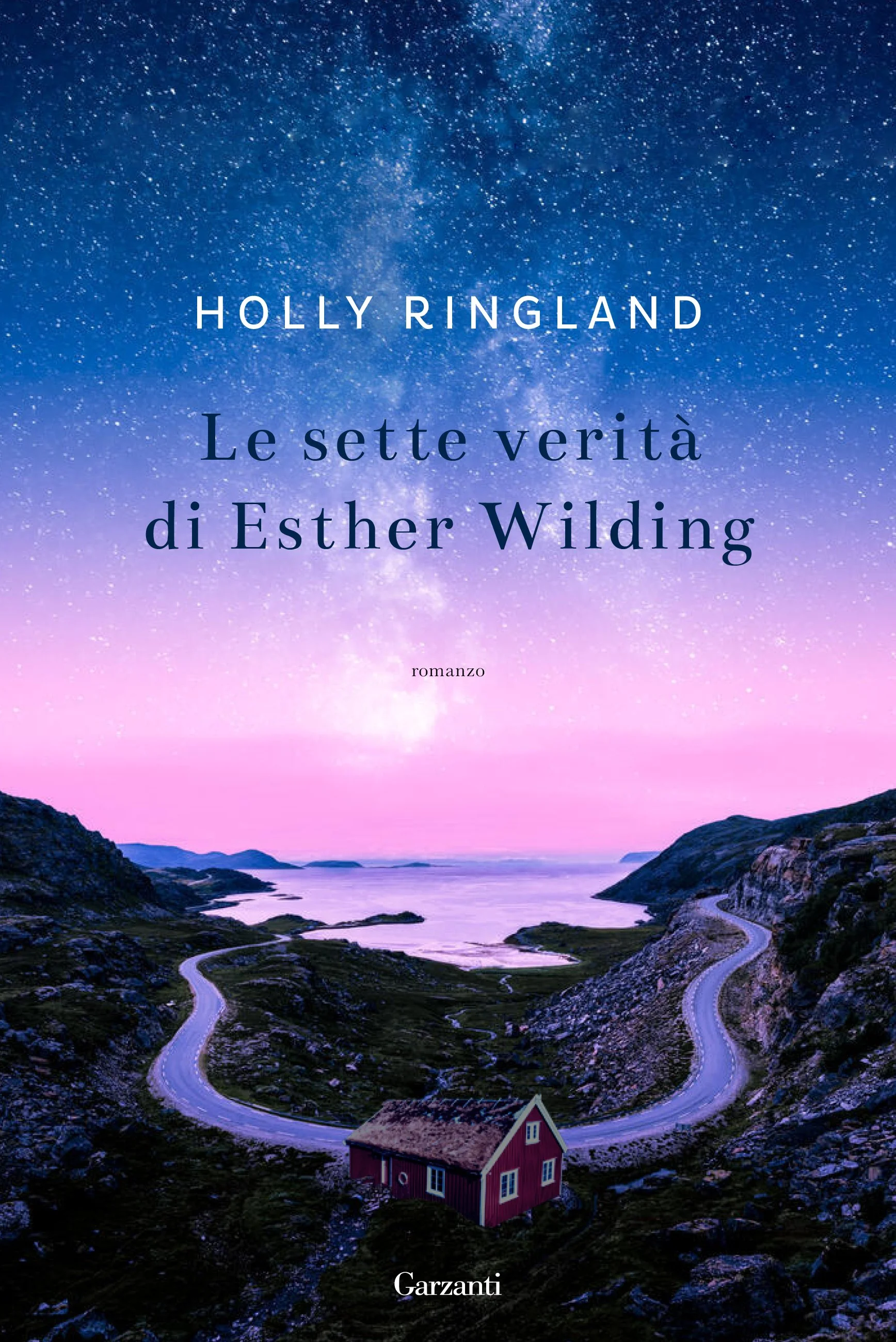 A scenic landscape of a winding road leading to a small red house, set against a twilight sky filled with stars and the Milky Way. The scene overlooks a body of water with mountains in the distance.