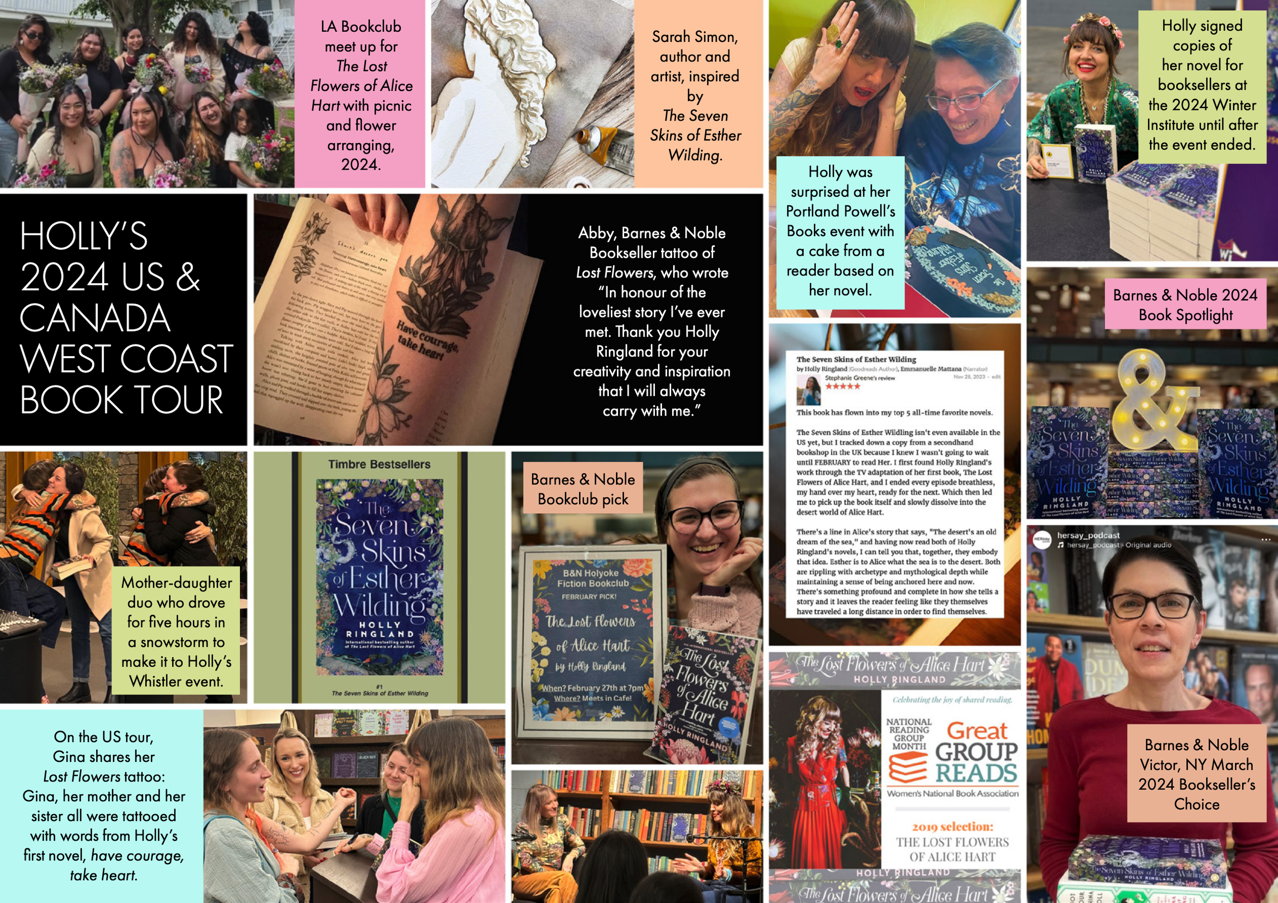 A collage of photos and text panels from a book tour event. It features groups of people, mostly women, at a book signing, various books including 'The Seven Skins of Esther Wilding' by Holly Ringland, and mentions of author events such as 'Lost Flowers of Alice Hart'. There are images of signed books, readers at events, and individuals holding or discussing books, with labels describing the event details and participants.