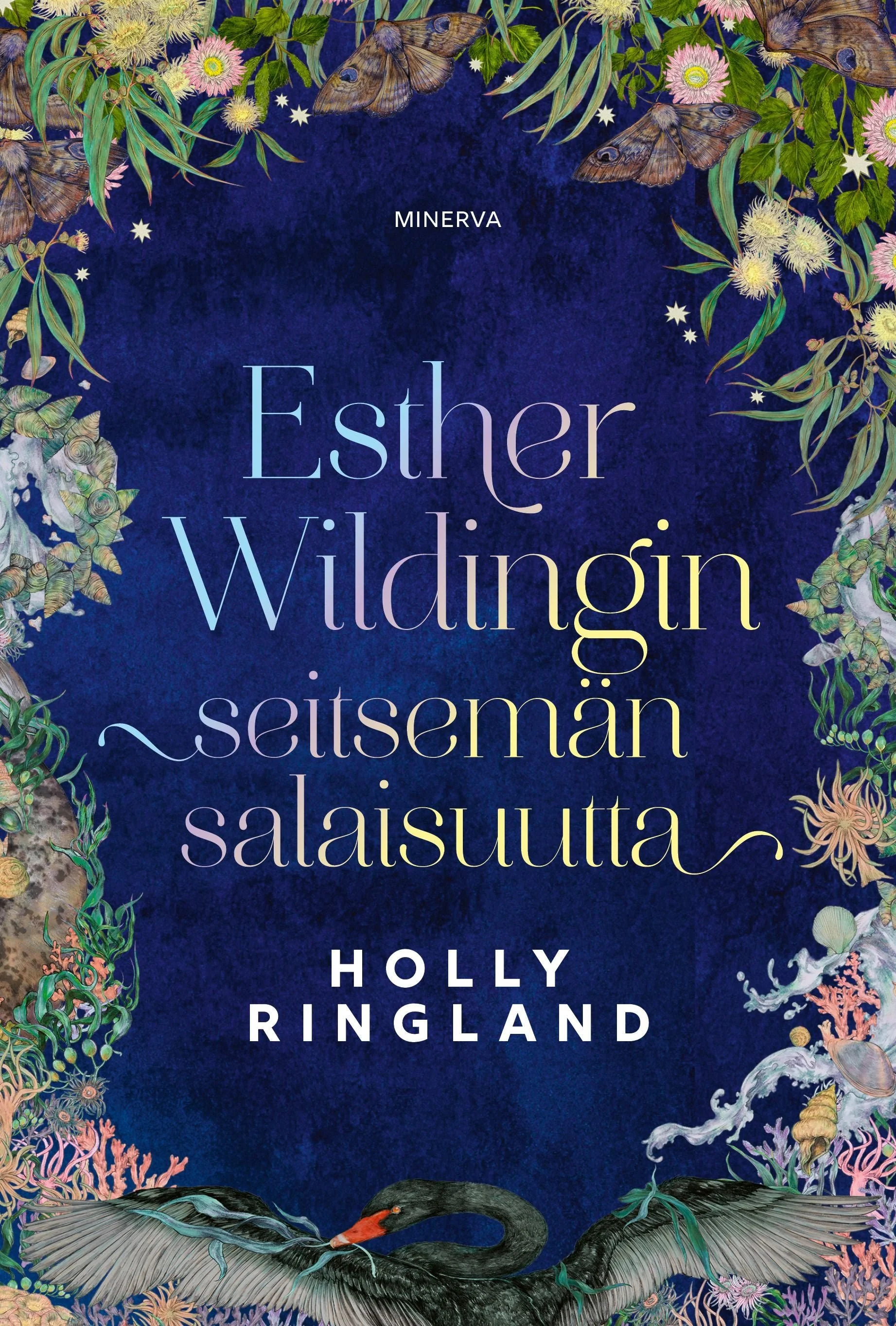 Book cover with a dark blue background and colorful illustrations of plants, flowers, butterflies, seashells, and a black swan with spread wings at the bottom. The title reads "Esther Wildfin, seitsemän salaisuutta" and the author's name is Holly Rin