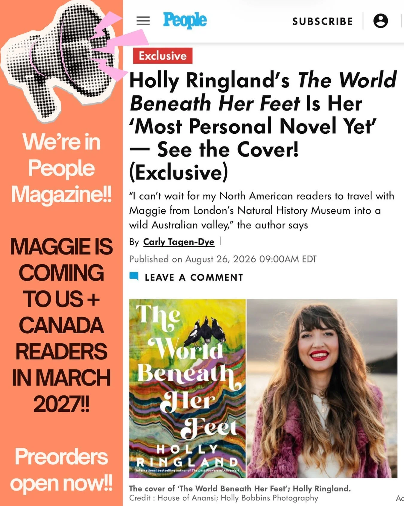 MAGGIE WILL BE PUBLISHED IN CANADA + USA IN MARCH 2027 BY @houseofanansi 🐦&zwj;⬛❤️&zwj;🔥🎶 

And we&rsquo;re in People Magazine to share the news!!! 🤯🤘💘 

Thank you to every Canadian and American reader and supporter of my books - I don&rsquo;t 