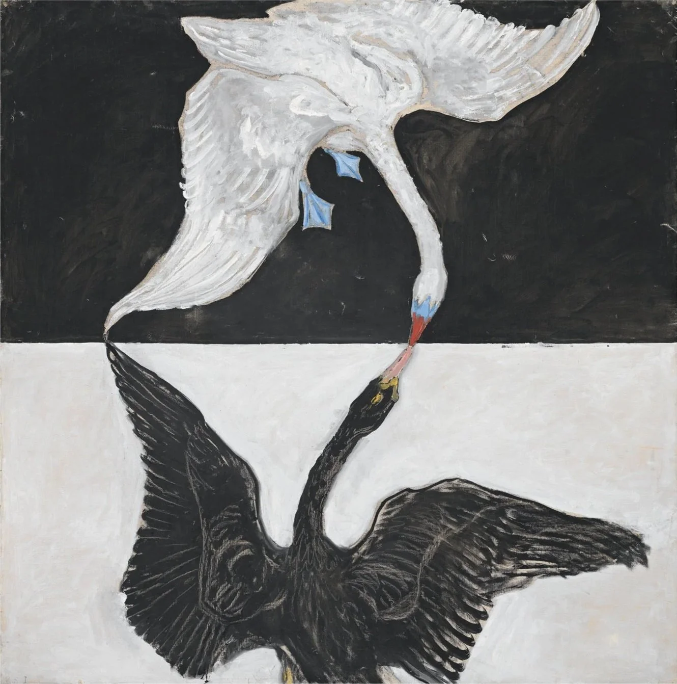 Painting of a white heron with a long neck, standing on a black and white surface, with its reflection visible in water. The background is divided into black on top and white on bottom.