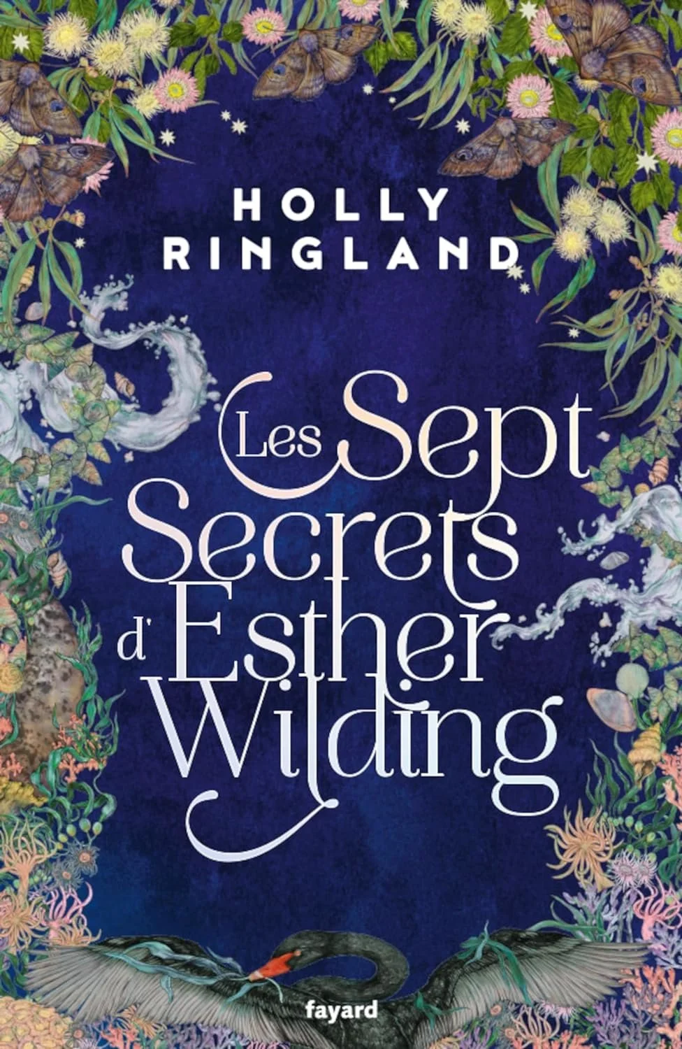 Book cover titled "Les Sept Secrets d'Esher Wlding" by Holly Ringland. The cover features a lush, colorful border of flowers and butterflies surrounding a dark blue background.