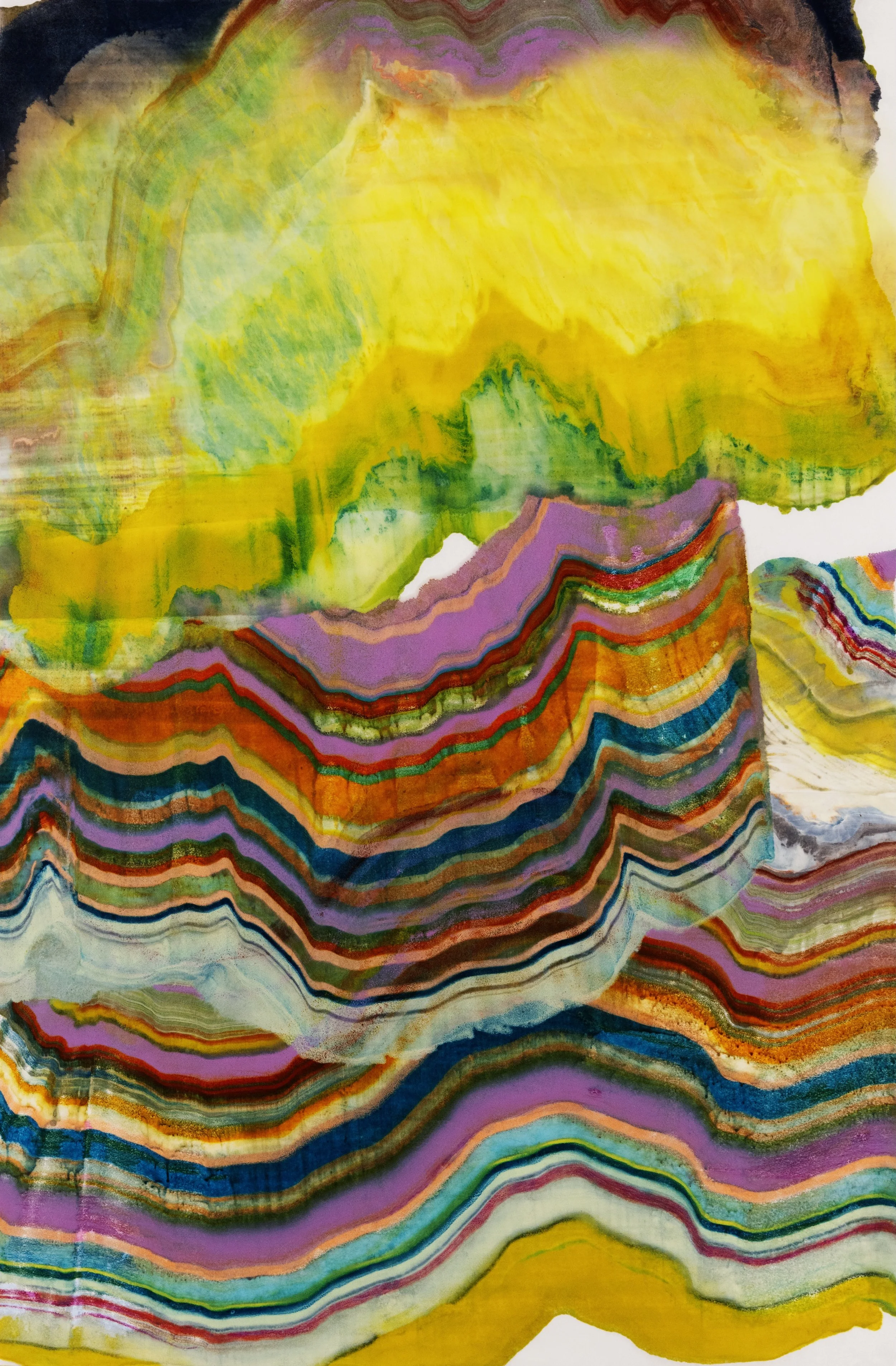Close-up of colorful abstract watercolor painting with wavy lines in various colors including red, orange, purple, green, yellow, and blue.