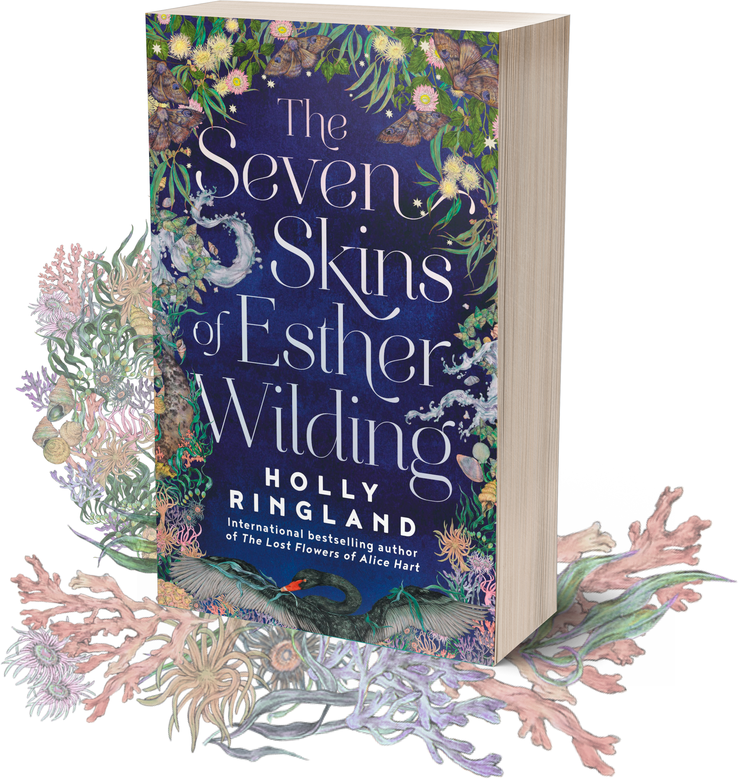A hardcover book titled "The Seven Skins of Esther Wilder" by Holly Ringland, featuring an illustrated floral and animal design with moths, coral, and marine life on the cover and edges.