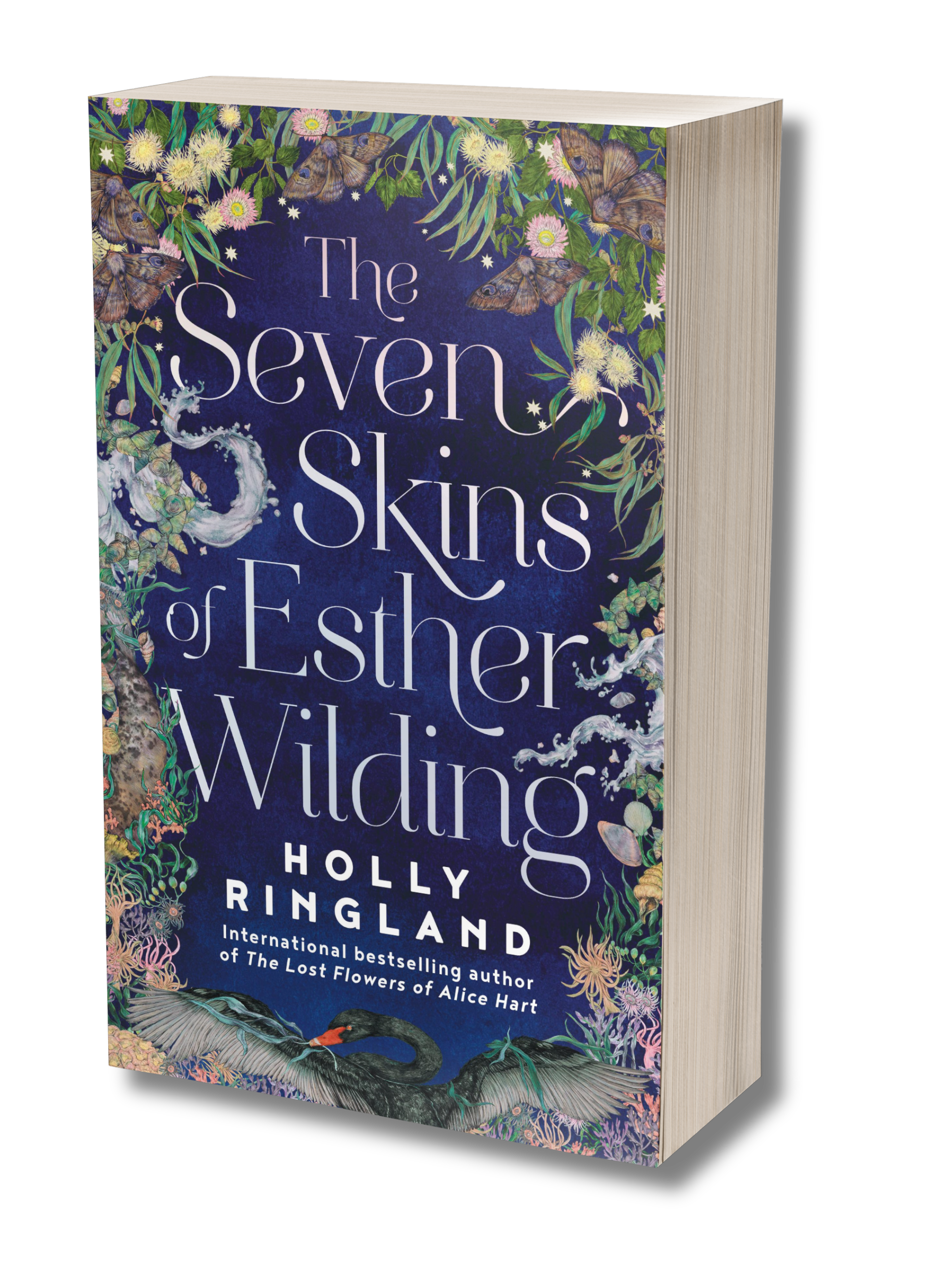 A hardcover book titled 'The Seven Skins of Esther Walding' with an intricate illustrated cover featuring butterflies, flowers, seaweed, and a heron.