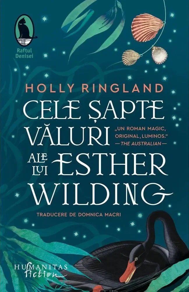 Book cover of 'Cele șapte văluri ale Esther Wilding' by Holly Ringland, featuring a black swan in a pond, shells, stars, and tropical leaves set against a teal background.