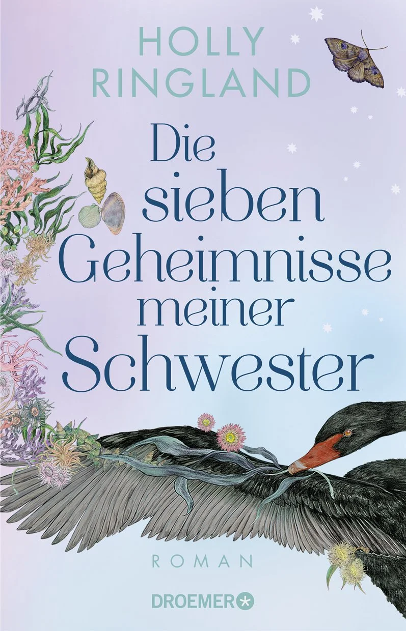 Book cover with the title 'Die sieben Geheimnisse meiner Schwester' in German, goldfinch bird on a branch, decorated with colorful flowers, butterflies, and a subtle pastel background.