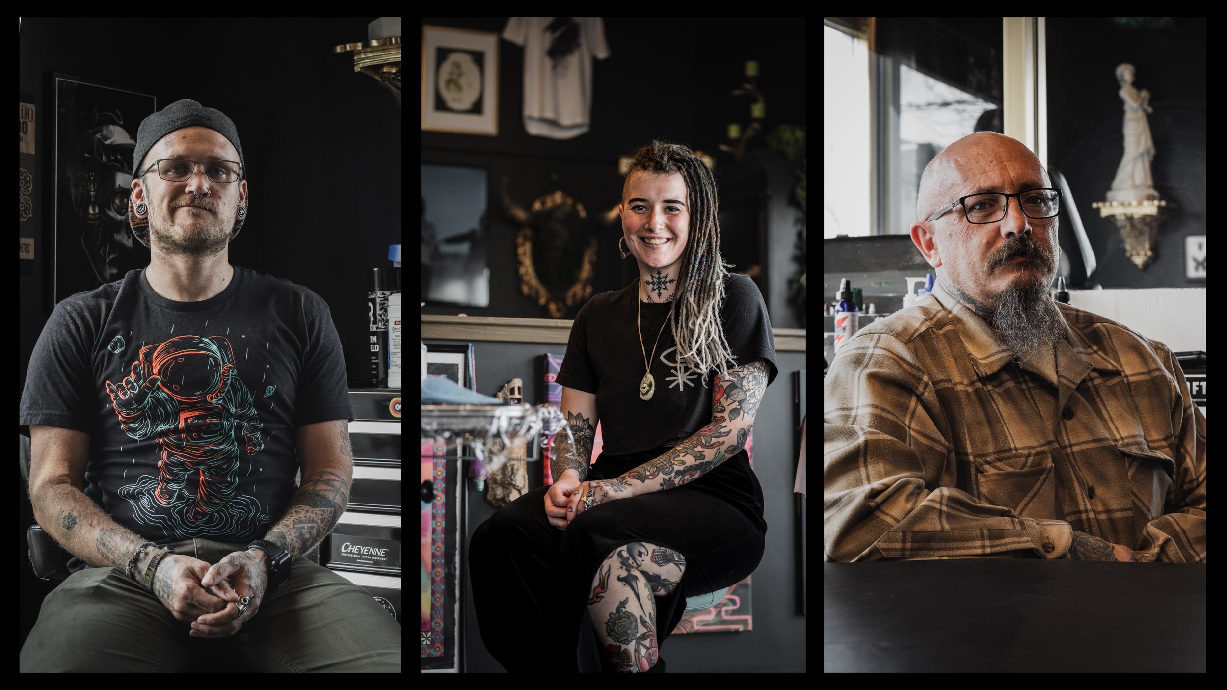 Dark Light Tattoo artists Mark Blackard (left), Onyx Bizzo (center) and Shiloh James (right) pose for portraits on Apr. 23, 2022, in Fort Collins, Colo. The artists each have workspaces in the same section of the shop, allowing them to easily bounce