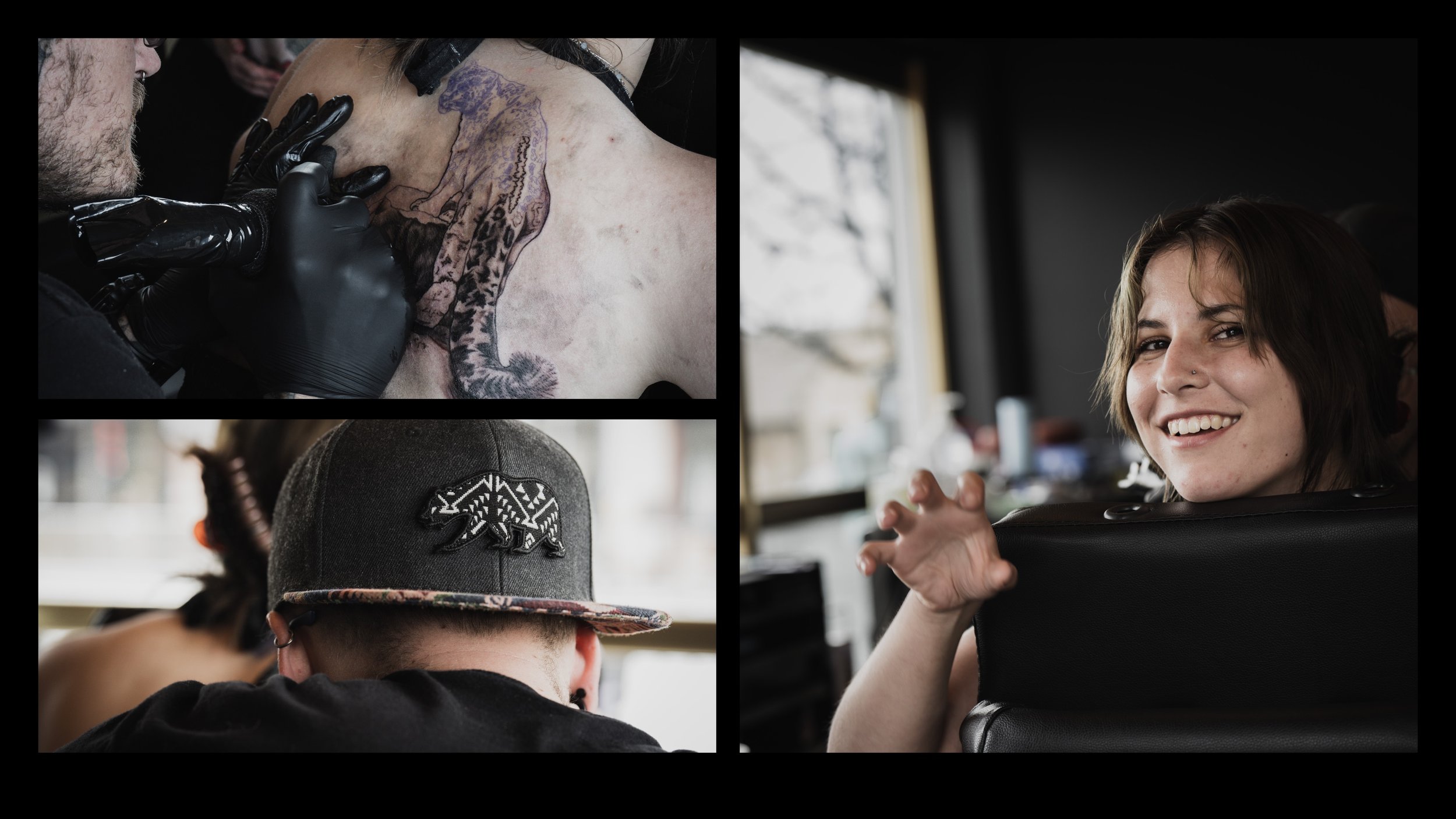 Dark Light Tattoo artist Mark Blackard tattoos a client on Apr. 23, 2022, in Fort Collins, Colo. The snow leopard, named "Duke Kitty" by the client (right), took six hours to finish. Despite the long session, Blackard's easygoing California personali
