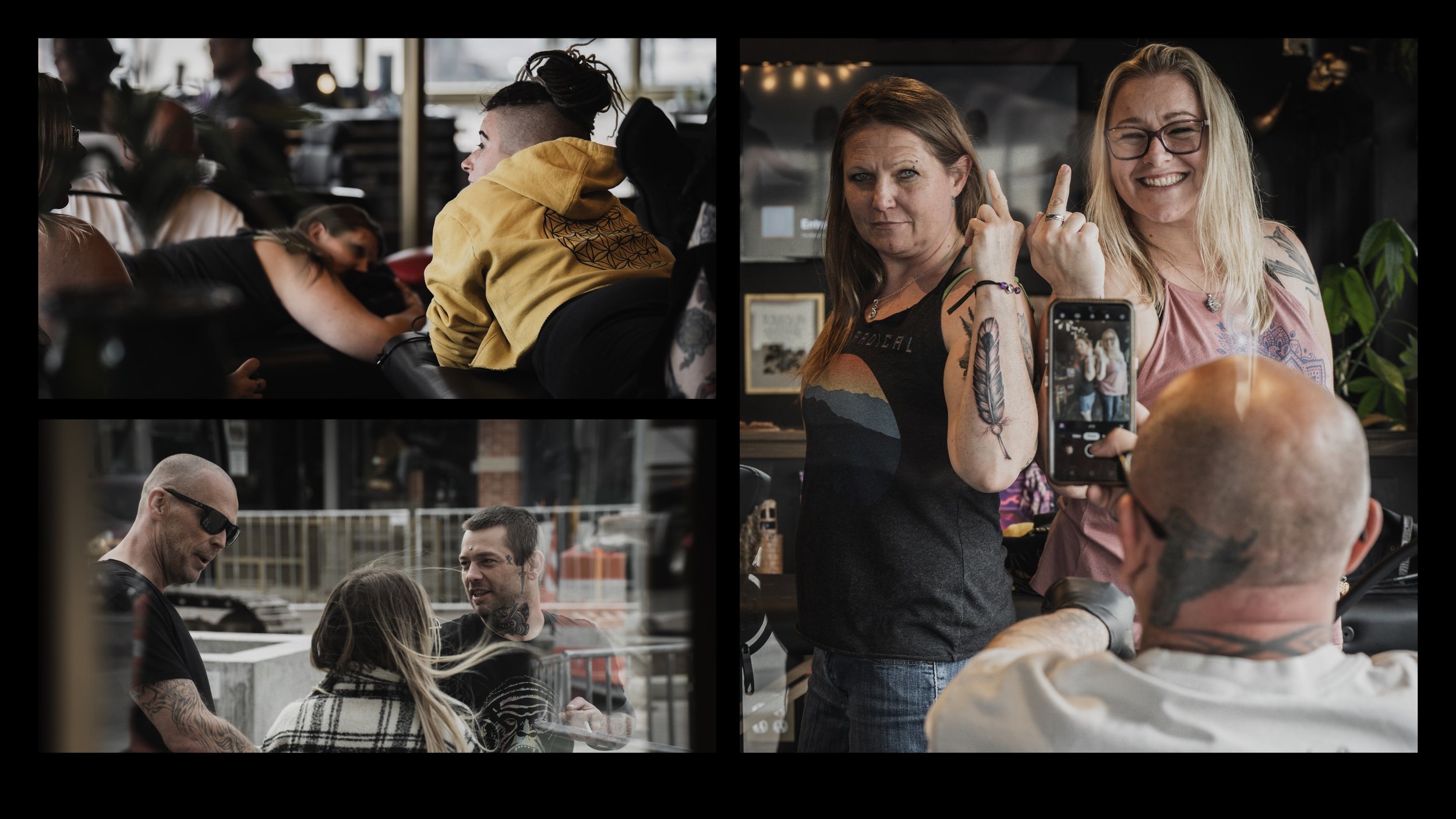 Several Dark Light Tattoo customer interactions happening on Apr. 23, 2022, in Fort Collins, Colo. "We want the shop to feel like an old school barber shop," Atlan said. "Somewhere people feel like they're at home."
(Left, top) Dark Light artist On