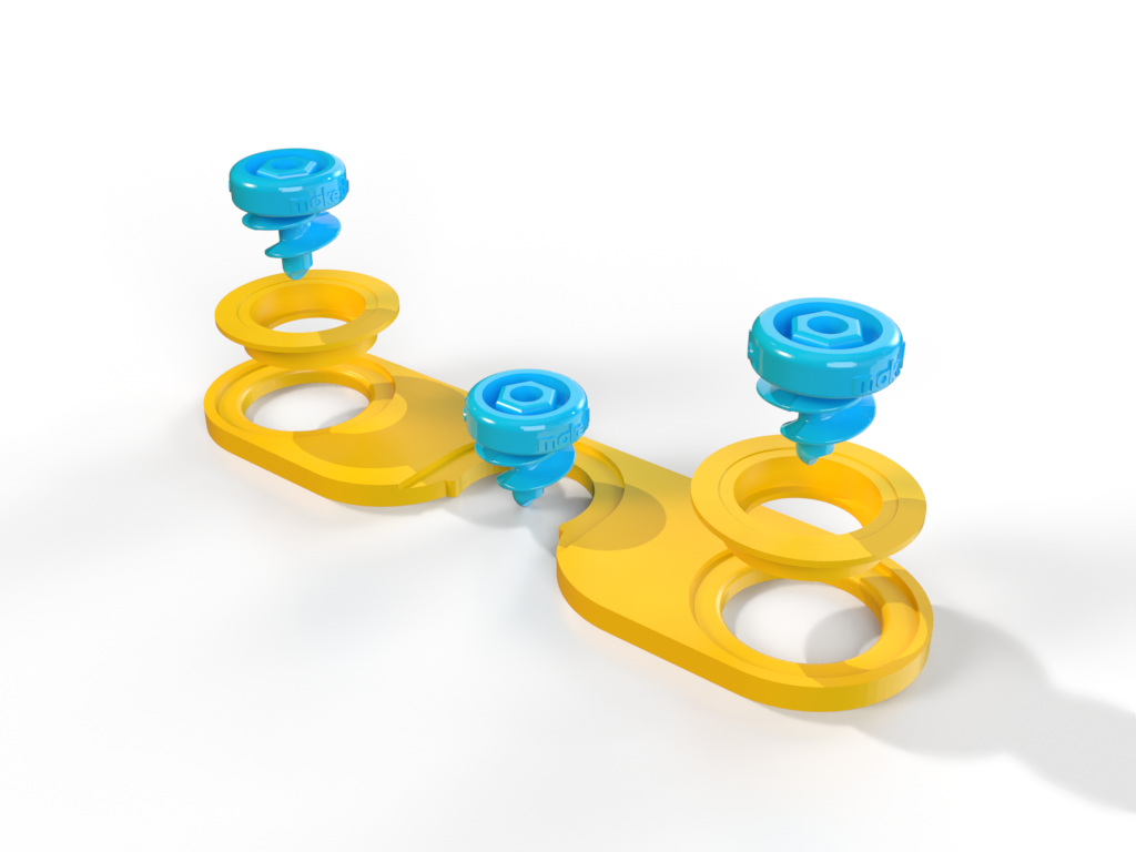 The Latch (bottom) can be used to create locking doors and connect detachable structures. It is designed to be able to anchor on the left or right side, clicking over another Scru placed on the connecting piece. The Latch is to be used with the Scru