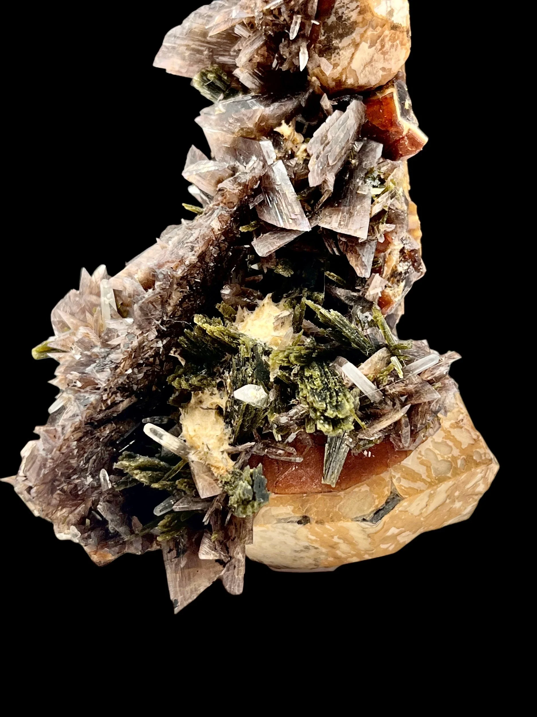 axinite crystal blades with andradite garnet and quartz Peru mineral specimen